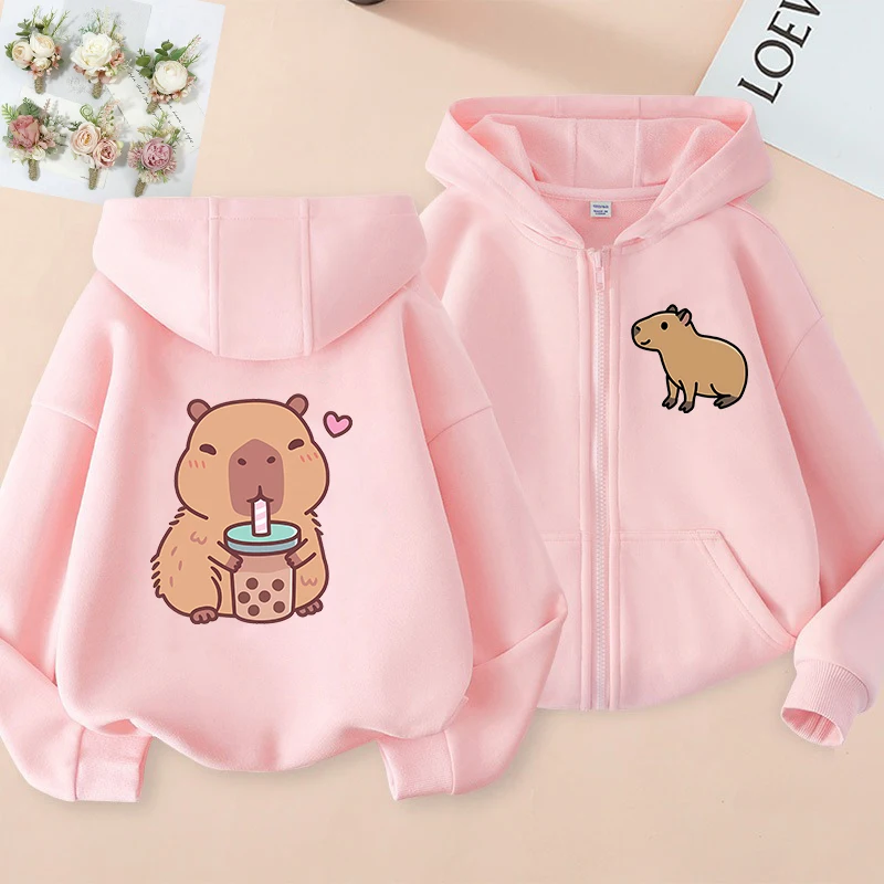 Фото Zip Up Hoodie Kawaii Kids Capybara Children's Hoodie Zipper Children Capibara Sweatshirt Manga Clothes Kid Girl Boy Top Hoody №5