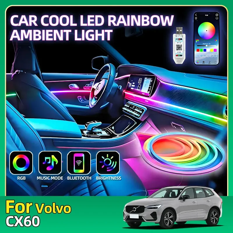 Автомобильная RGB Радужная светодиодная лента 5M APP Control Неоновая декоративная лампа для внутренней консоли для Volvo CX60 S60 S90 V60 V90 CX90