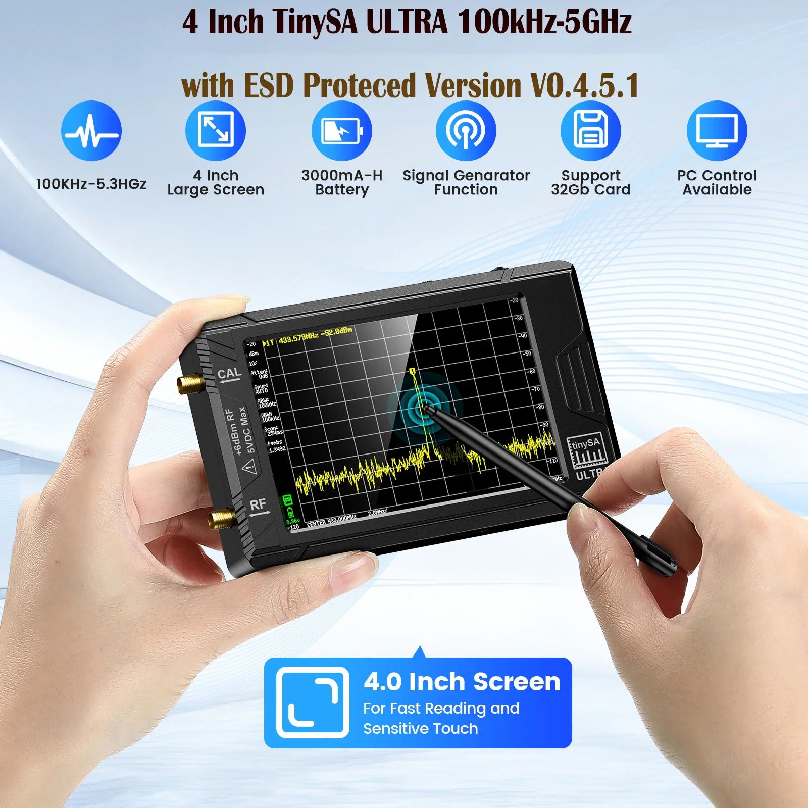 Фото Penganalisis Kecil Bar TinySA ULTRA 4 100 кГц 5,3 ГГц с версиями 32 Гб №3