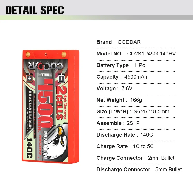 CODDAR 4500mAh 2S 7.6V 140C LIHV NGE110 Electric Drift RC Car High Voltage (art.: 3920cac26e97b) - 3920cac26e97b