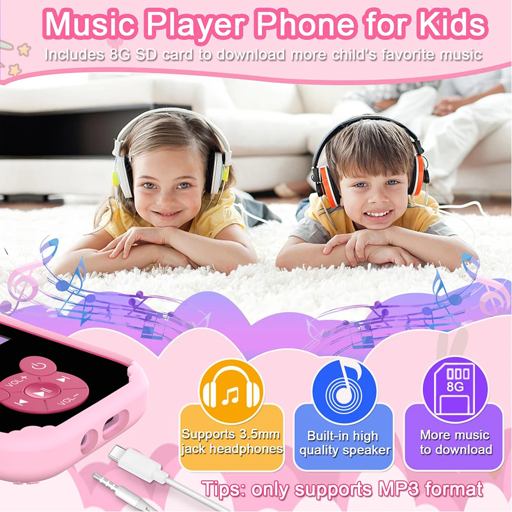 Детские игрушки, камера, телефон, MP3-плеер, сенсорный экран 2,1 дюйма, двойная камера, селфи, детский мобильный телефон с памятью 8 ГБ для 3-12 девочек, мальчиков, день рождения (art.: 3920c75145186) - 3920c75145186