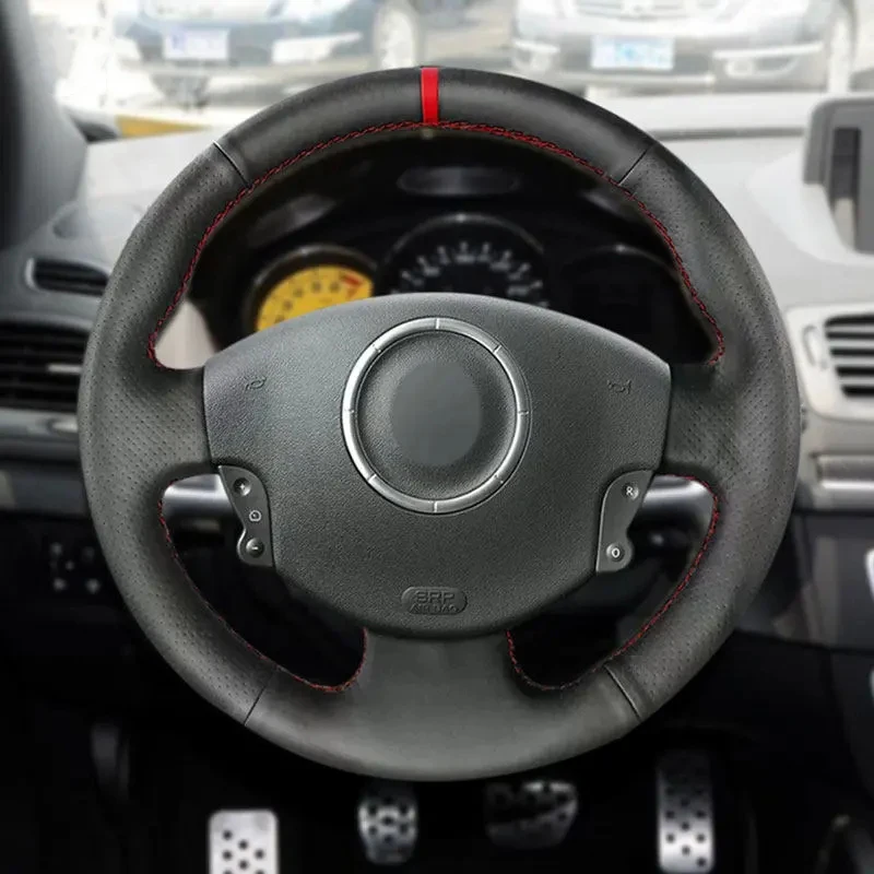 Для Renault Megane 2 2003 2004 - 2008 Kangoo 2008 Scenic 2 2003 - 2009 чехол рулевого колеса автомобиля отделка из черной кожи с красным путешествием