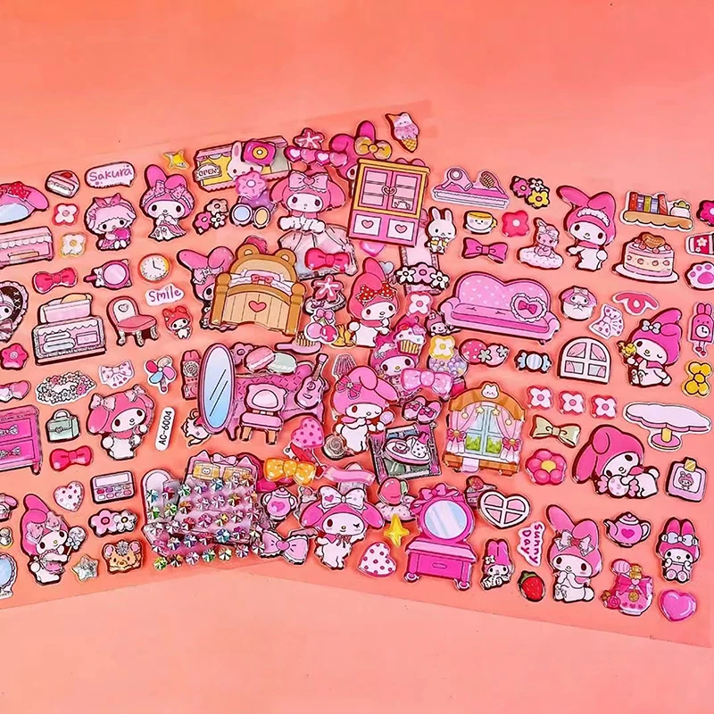 Фото 1 компл. Sanrio мультфильм милая капибара двойной шар 3D пузырьковые наклейки Kawaii Melody Kuromi трехмерная наклейка подарок для девочек №2