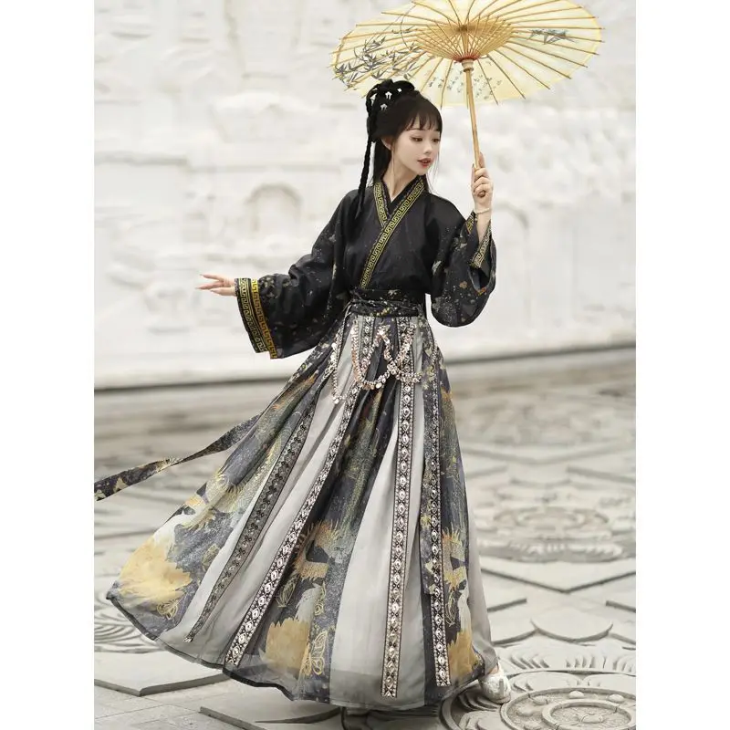 Фото Женский костюм в китайском стиле Hanfu Wei Jin, традиционная китайская юбка с воротником, юбка на талию, повседневный костюм для осени и зимы №3