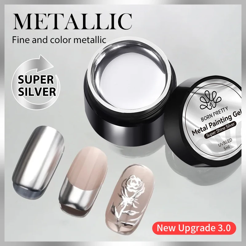 Фото BORN PRETTY 5 мл Upgrade Strong Silver Painting Гель-лак Металлик Французский стиль Nail Art Soak Off Гель-лак для ногтей Silver Mirror №3