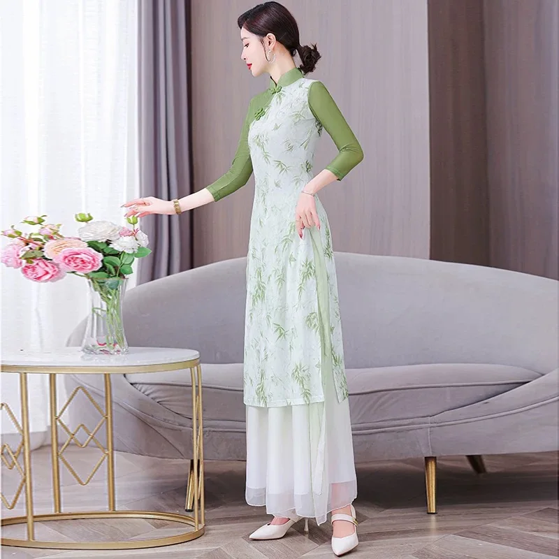 Фото Летний женский традиционный вьетнамский костюм Cheongsam с восточным принтом, банкетное вечернее платье, танцевальные костюмы для выступлений на сцене №2