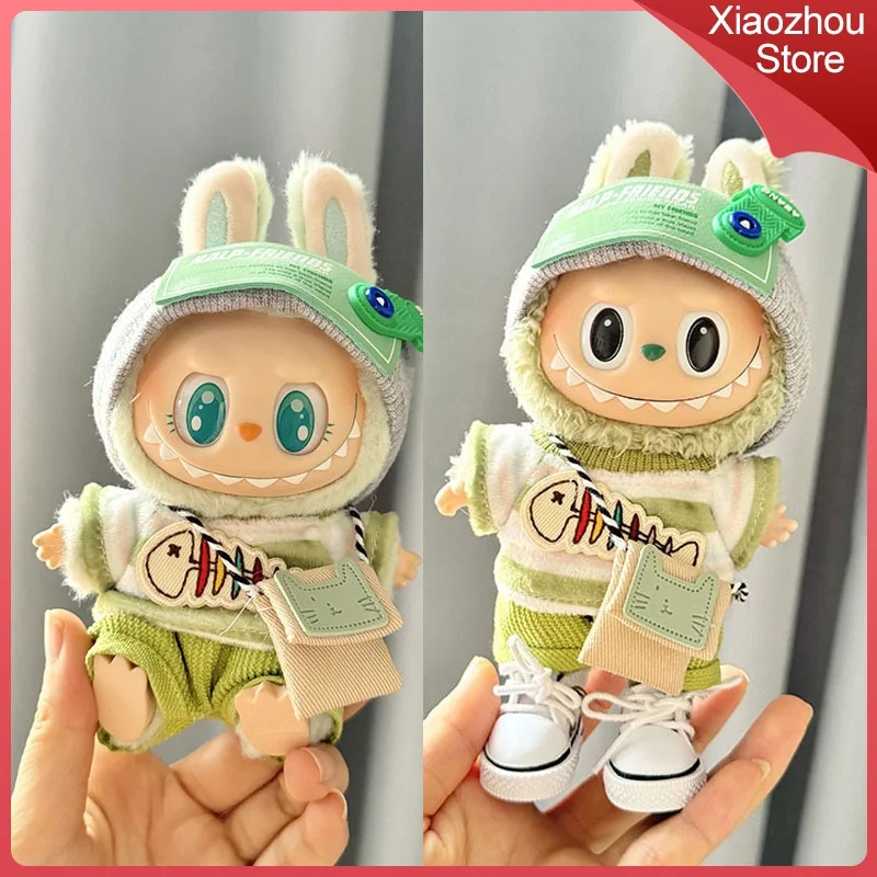17 см кукла Labubu Ii Idol, комплект костюмов для сидячей вечеринки, мини-костюм куклы, зеленая сумка с большой рыбой, комплект аксессуаров, весенние подарки