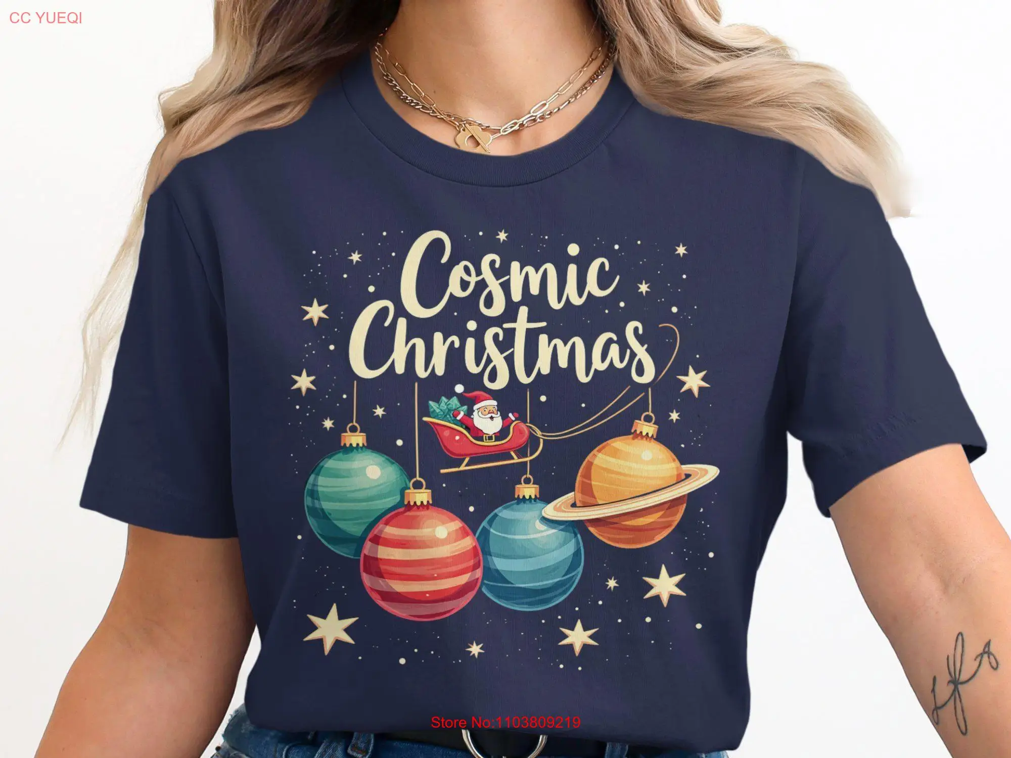 Funny Cosmic Christmas T Shirt Unique Space Themed Holiday Festive Xmas Santa Claus Outer Design  long or short sleeves
