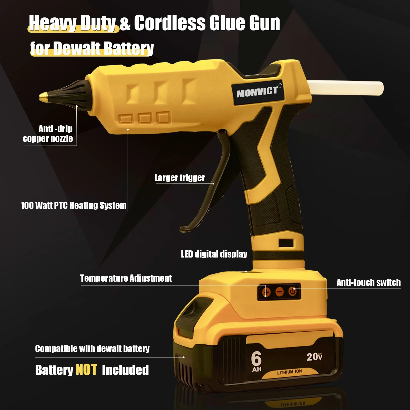 Фото Клеевой пистолет Dewalt, 100 Вт, 20 в, с 10 клеевыми стержнями №3