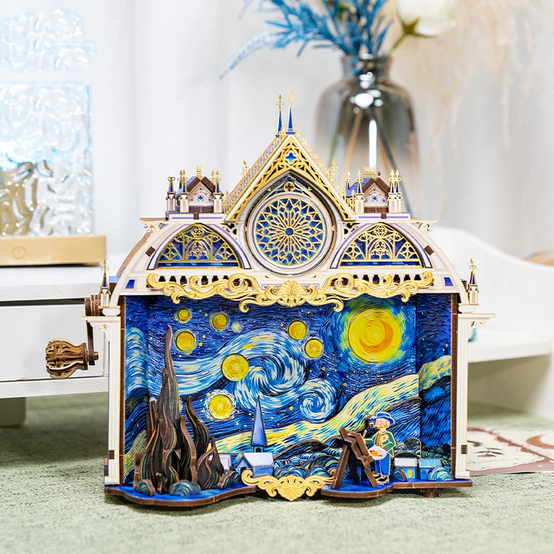 Фото DIY 3D металлические деревянные головоломки модель миниатюрные строительные наборы собранные Ван Гог звездная ночь пазлы со светом подарки для девочек №3