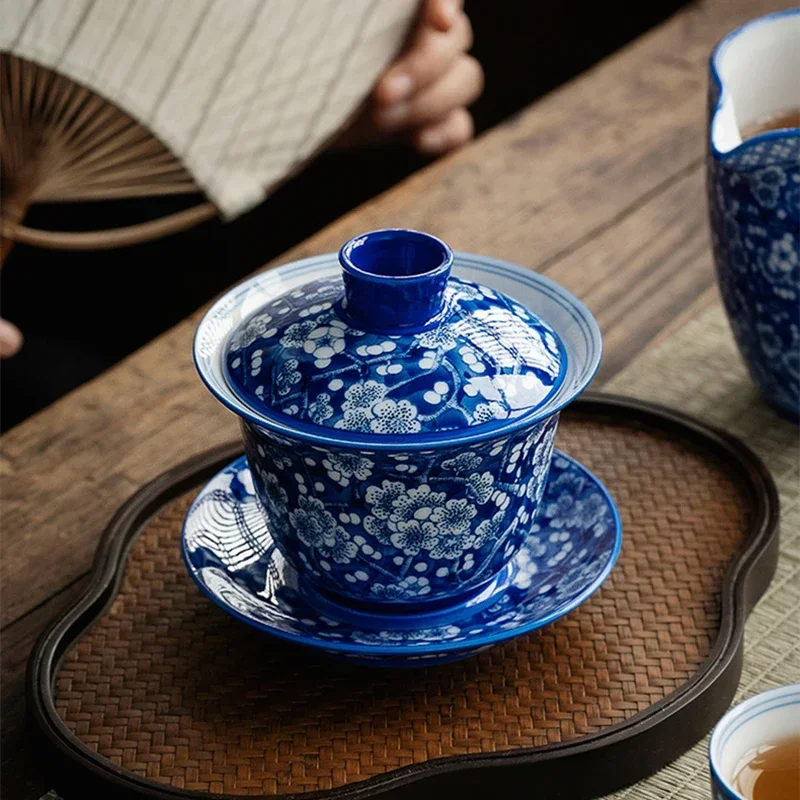 185 мл большой сливово-синий и белый Gaiwan для чая керамическая чайная чашка чайные чашки китайские чайные чаши винтажный чайный керамический набор Chawan