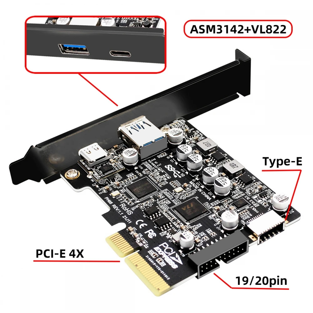 Фото Адаптер PCI-E 3.0 4X Express — USB 3.2 10 Гбит/с с передней розеткой Type-E, 19-контактная/20-контактная карта USB-C типа A ASM3142 VL822 №2