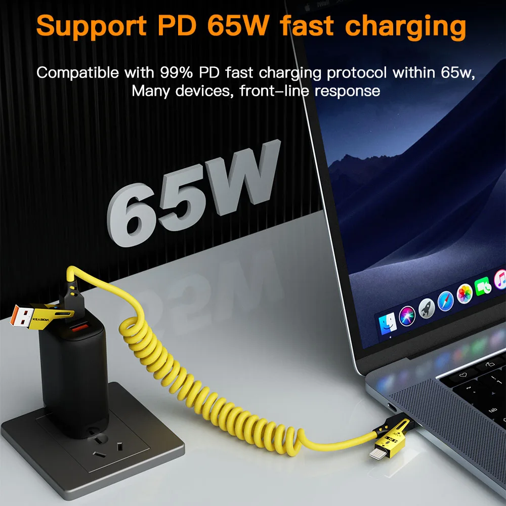 Фото KEYSION 65 Вт 4 в 1 Кабель для быстрой зарядки USB Тип C Пружинный кабель Шнур для быстрой зарядки данных для iPhone Samsung Xiaomi Телефон USB-кабель №2