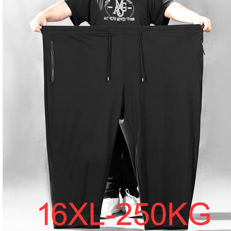 Мужские большие брюки 250 кг, большие размеры 15XL 16XL, свободные эластичные брюки размера плюс 6, 60, 62, летние повседневные брюки из ледяного шелка, черные, для дома и отдыха