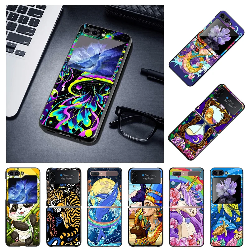 Черные чехлы для телефонов Samsung Z Flip 6 5 4 3 Роскошный Твердый чехол с абстрактным рисунком Феникс гриб Единорог Galaxy ZFlip6 Flip5 Flip4 Flip3