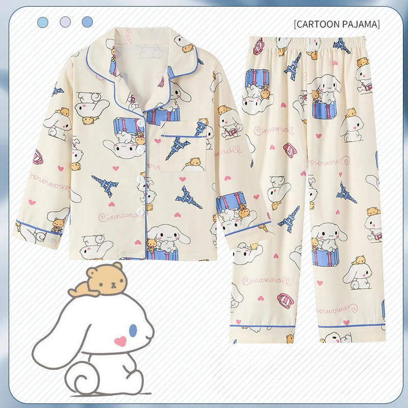 Детская пижама в стиле аниме Sanrio Cinnamoroll Kuromi My Melody, повседневный весенне-летний Кардиган с длинным рукавом и откидным воротником, одежда для сна для девочек