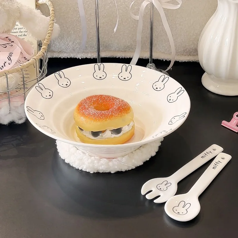 Kawaii Miffy, милая мультяшная голова кролика, керамическая лапша быстрого приготовления, чаша с принтом по краям, домашняя посуда, вилка, ложка, комбинированный набор