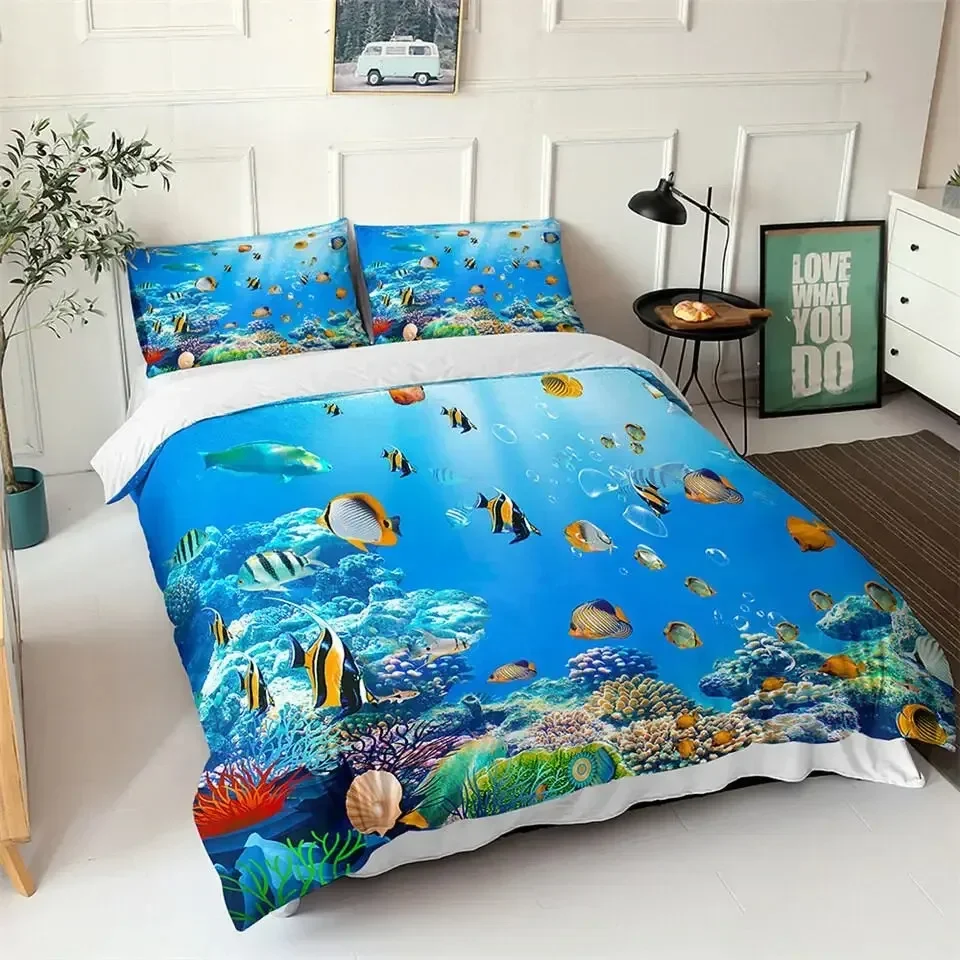 Фото Комплект пододеяльников Ocean Blue Sea Fish с 3D принтом детского постельного белья Queen King Nordic Ocean Landscape Мягкое полиэстеровое одеяло №2