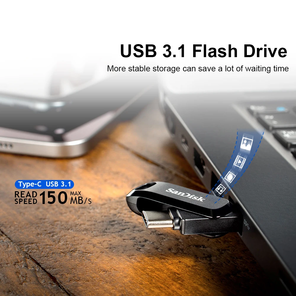 Фото SanDisk SDDDC3 USB флеш-накопитель 32 Гб 64 Гб 128 ГБ ультра двойной USB3.1 диск 150 м/с OTG Type-C ручка-накопитель для смартфона ноутбука №3