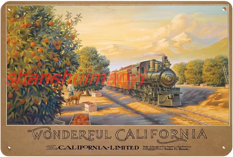 Замечательная Калифорния — Atchison Topeka & Santa Fe Railway (ATSF) — Orange Orchards — винтажный постер для железной дороги от SHAN