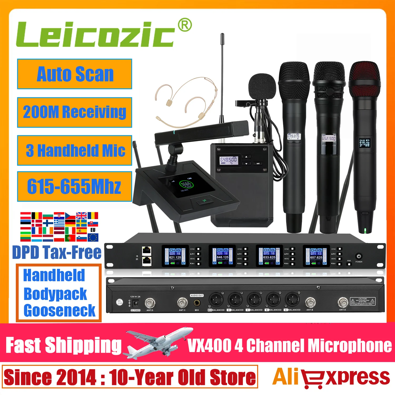 Leicozic VX400 4-канальный беспроводной микрофон, гарнитура, микрофон с лацканами, беспроводной микрофон для конференций, динамический микрофон на гибкой шее, 600 МГц