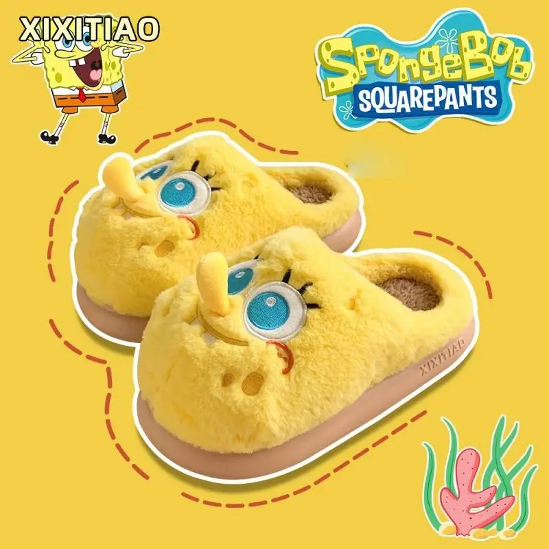 Kawaii Губка Боб Квадратные Штаны Хлопковые тапочки Пара Зимняя хлопковая обувь Теплые домашние удобные тапочки на мягкой подошве с милыми героями мультфильмов