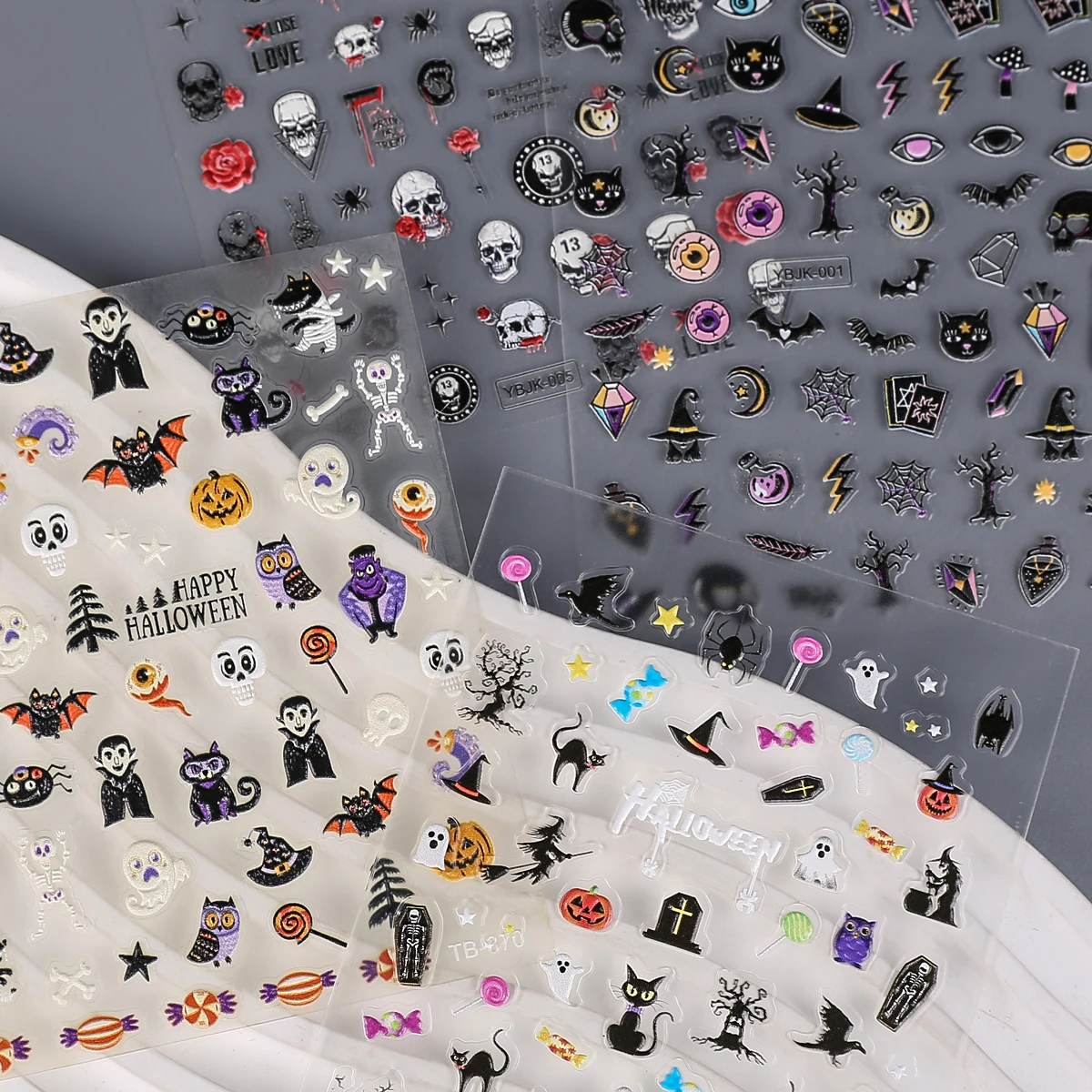 3 шт. 3D наклейки для ногтей на Хэллоуин, тыква, призрак, паук, череп, дизайн, бант, цветок, милый кот, клейкий слайдер, наклейки, маникюрный декор
