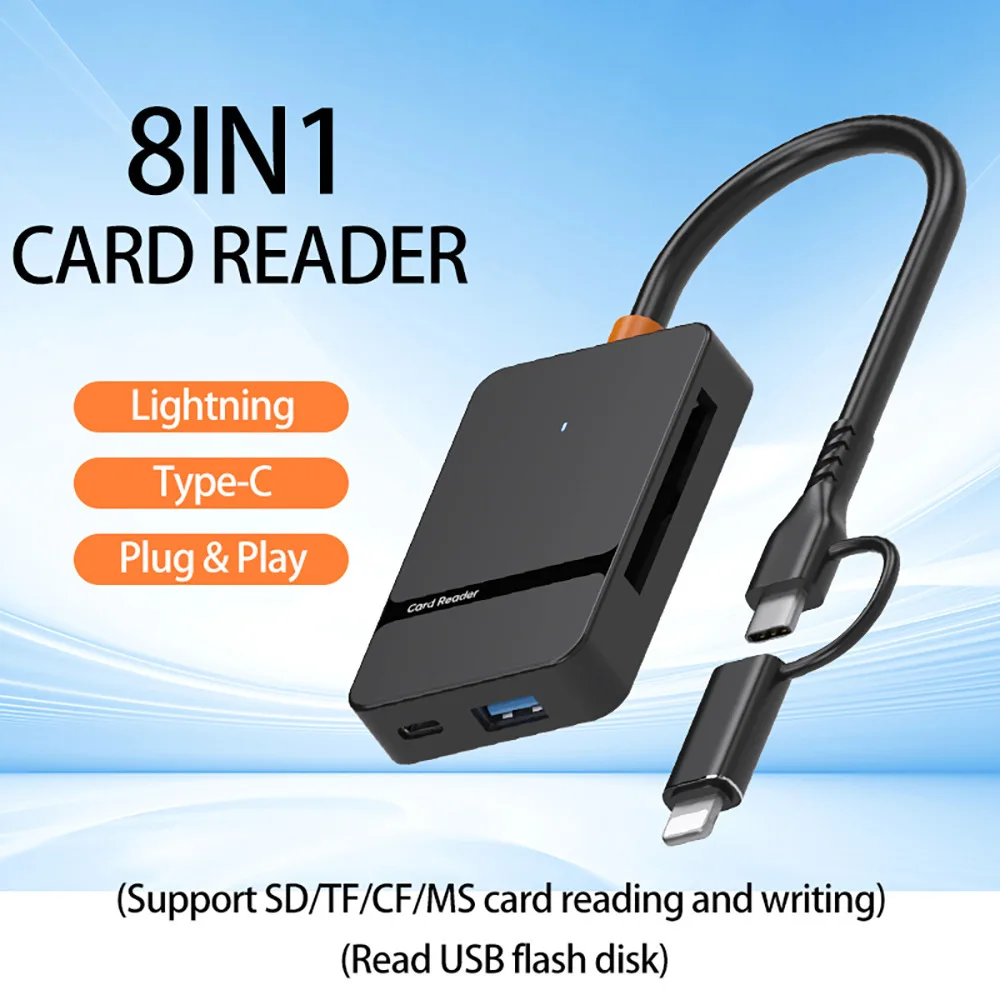Фото Удлинитель USB/Type-C, устройство чтения карт 8-в-1 для мобильных телефонов и компьютеров, карта памяти MS/CF/SD/TF, USB 3.0 №5