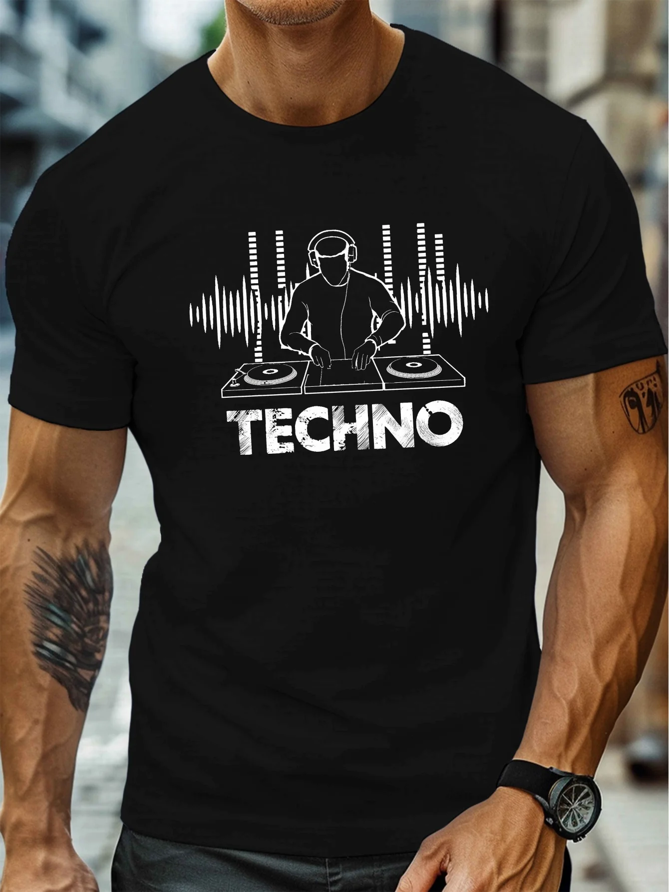 Мужская футболка с рисунком Techno DJ, футболка с круглым вырезом и коротким рукавом, повседневный летний вязаный топ с геометрическим узором