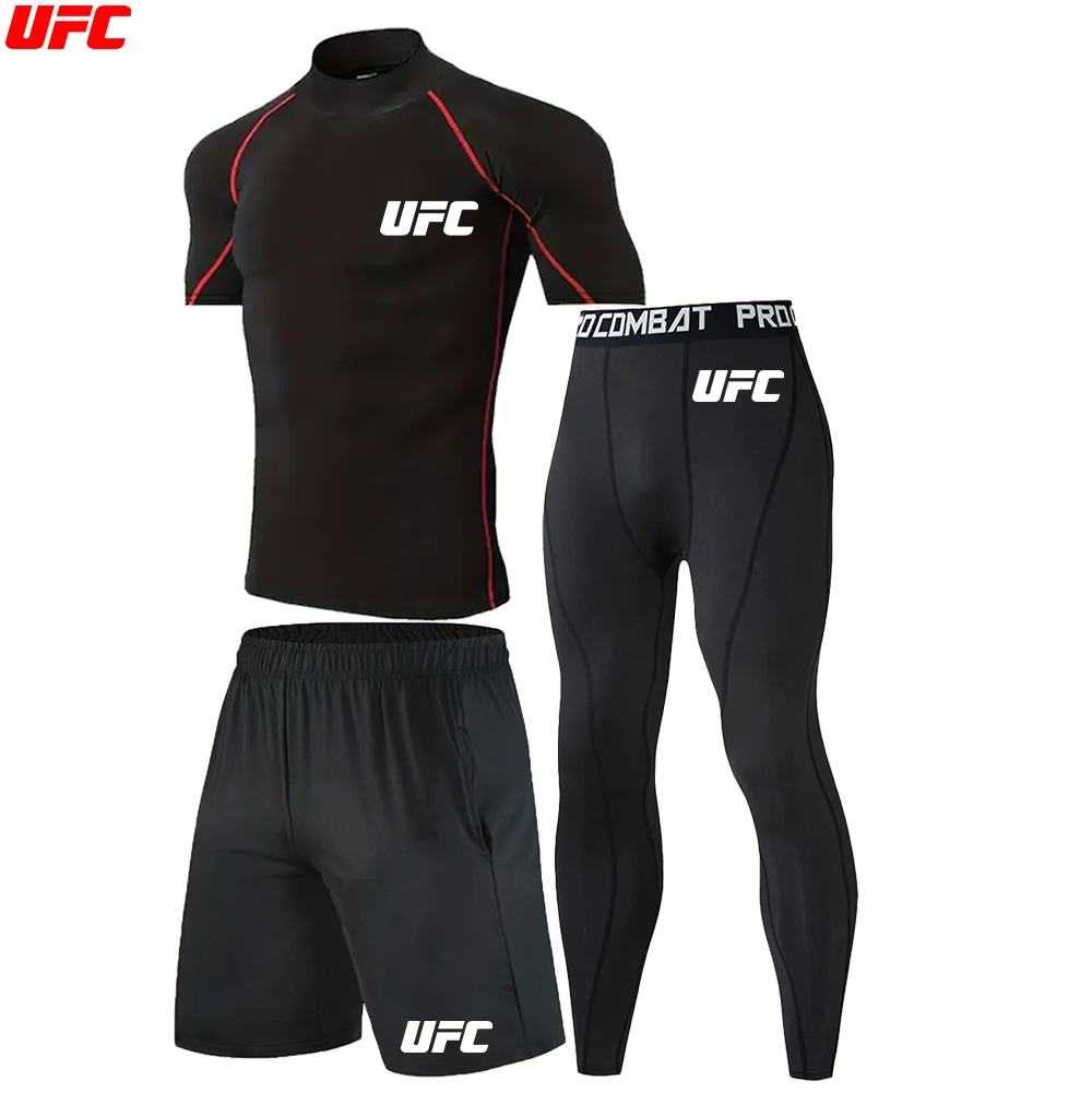 Фото UFC 3 шт. Рашгард для джиу-джитсу, футболка с высоким воротом, мужская рубашка для ММА, длинные брюки, шорты для тайского бокса, рубашка для бокса, спортивный костюм №5