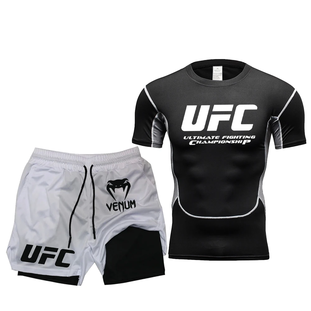 UFC мужской обтягивающий комплект футболок, летний повседневный спортивный боевой уличный модный топ для фитнеса, брюки, комплект из двух предметов, солнцезащитный топ (art.: 3920cf3ddc8ec) - 3920cf3ddc8ec