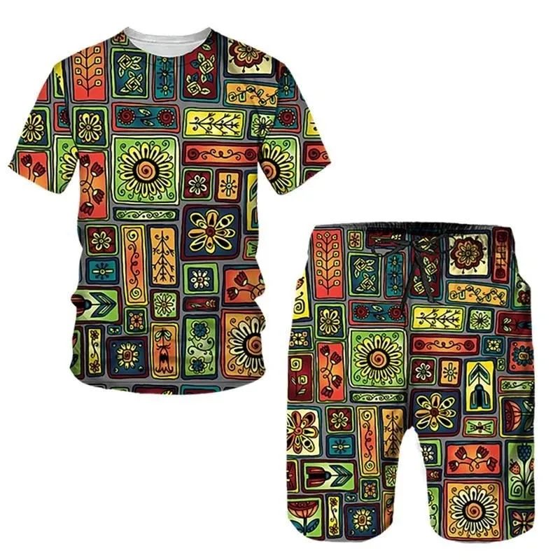 Фото 2024 Retro Men's T-shirts Shorts Set African Ethnic Style 3D Print Tracksuit Outfits Fashion Man Women Plus Size Sportwear Suits №4