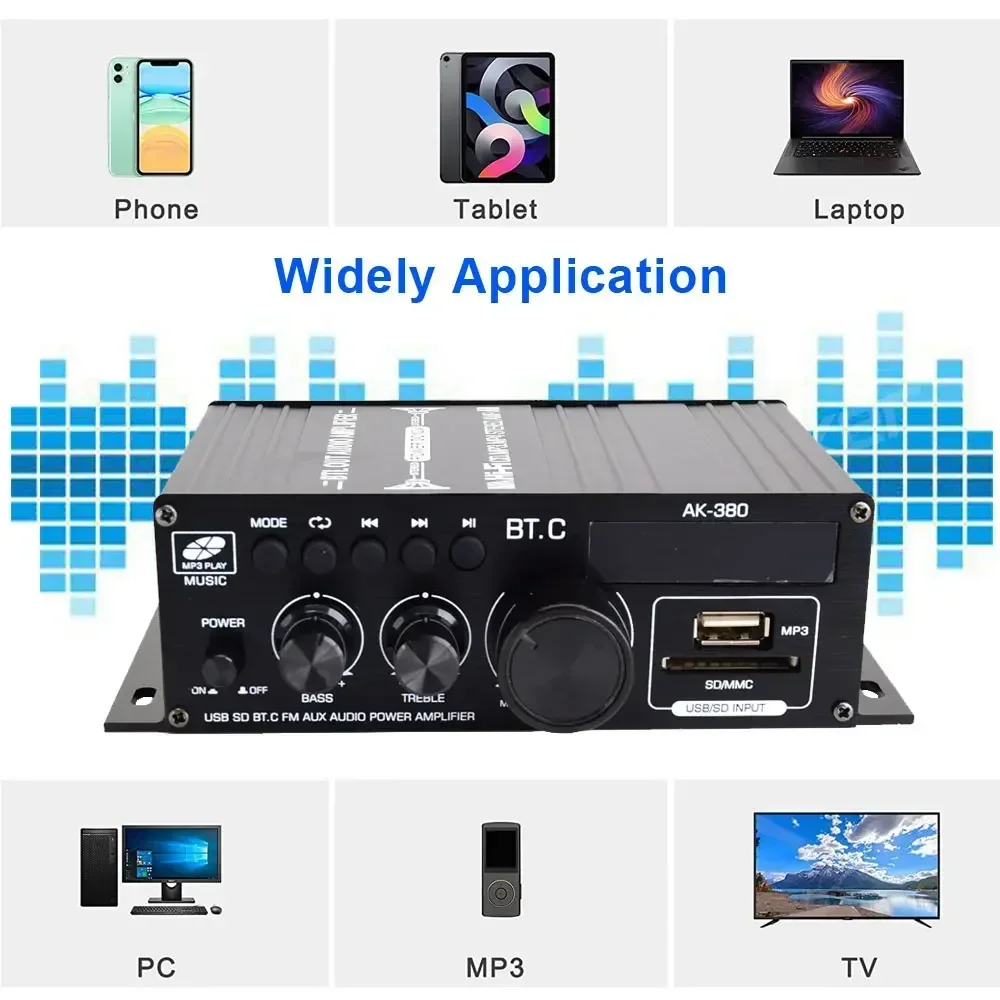 Фото Усилитель звука Channel 2.0 HIFI Bluetooth 5 усилителей домашний цифровой аудиоусилитель 40 Вт + 40 Вт музыкальный плеер AK380 для автомобиля MP3 Bass Trebl №2