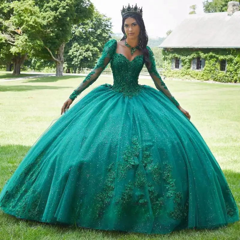 Зеленое нарядное платье Quinceanera в форме сердца по индивидуальному заказу для девочек, блестящий халат Quinceanera Rouge со съемными рукавами и длинными рукавами