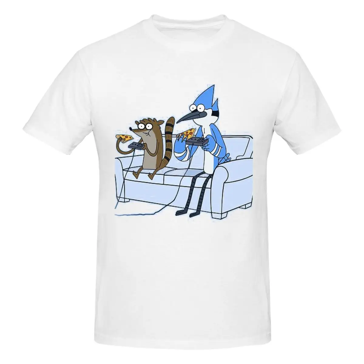 Mordecai And Rigby Pizza And Video Games Мужская футболка Классические футболки большого размера Мужские хлопковые футболки с круглым вырезом Короткие летние мужские футболки