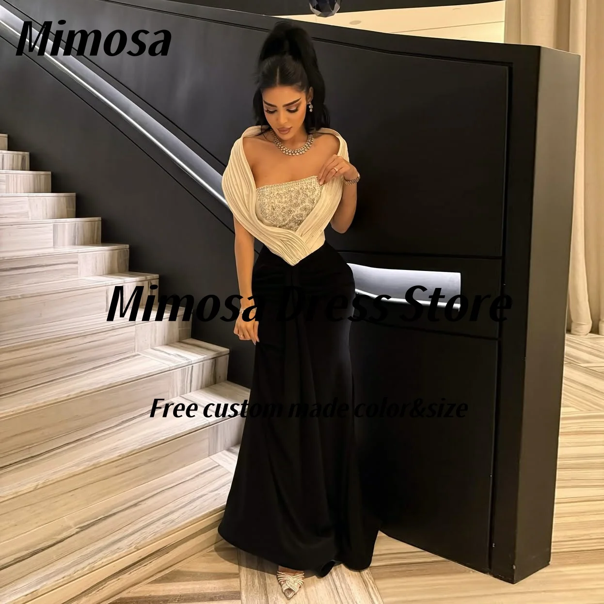 Фото Платья для выпускного вечера Mimosa с рюшами и открытыми плечами из бисера без бретелек فساتين سهرة Длинное вечернее платье с сексуальной спиной контрастного цвета по индивидуальному заказу №2