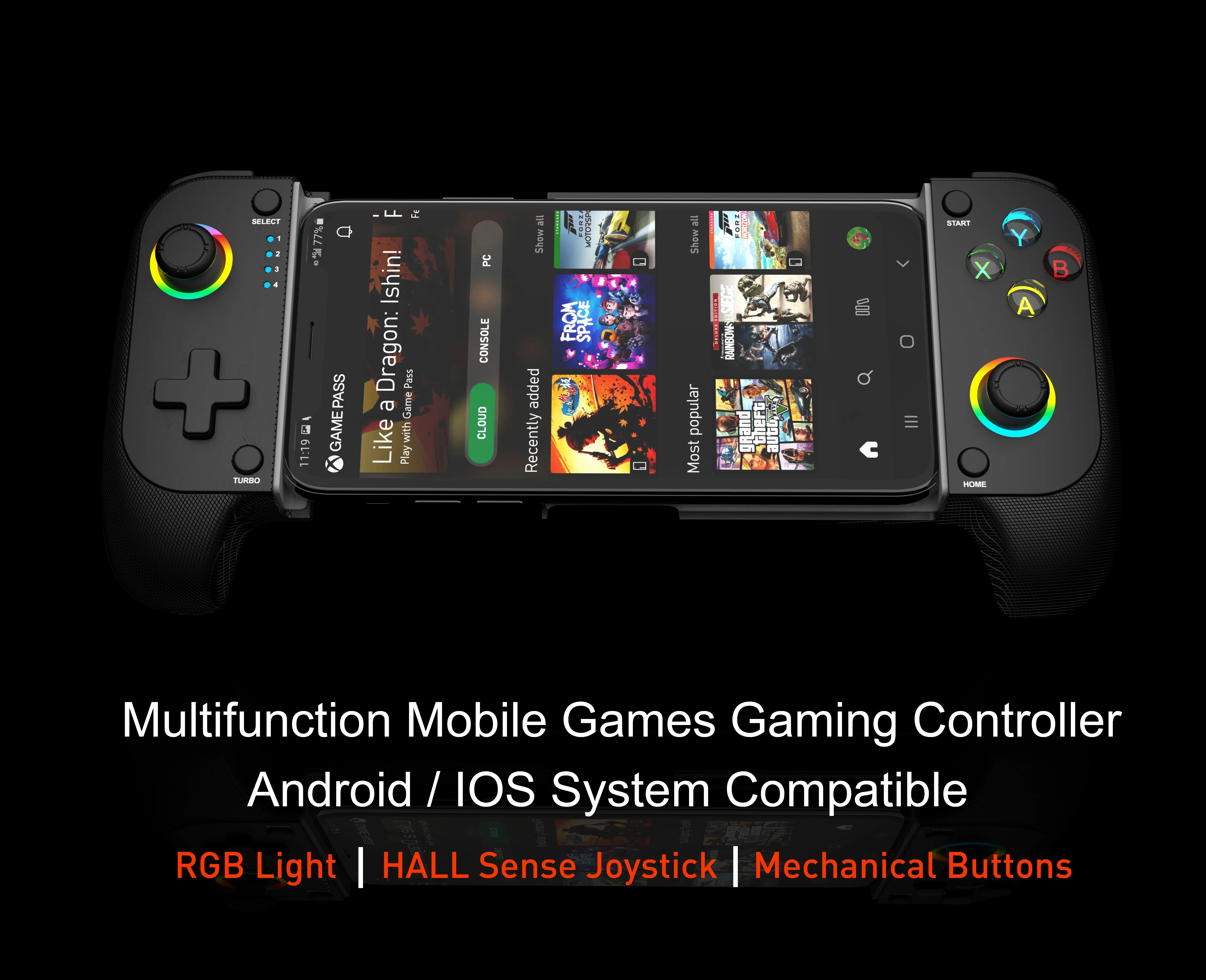 Фото Мобильный игровой контроллер для iPhone и Android. Беспроводной игровой контроллер Bluetooth. Поддержка воспроизведения PS с RGB-подсветкой. Дистанционное воспроизведение Xbox. №2