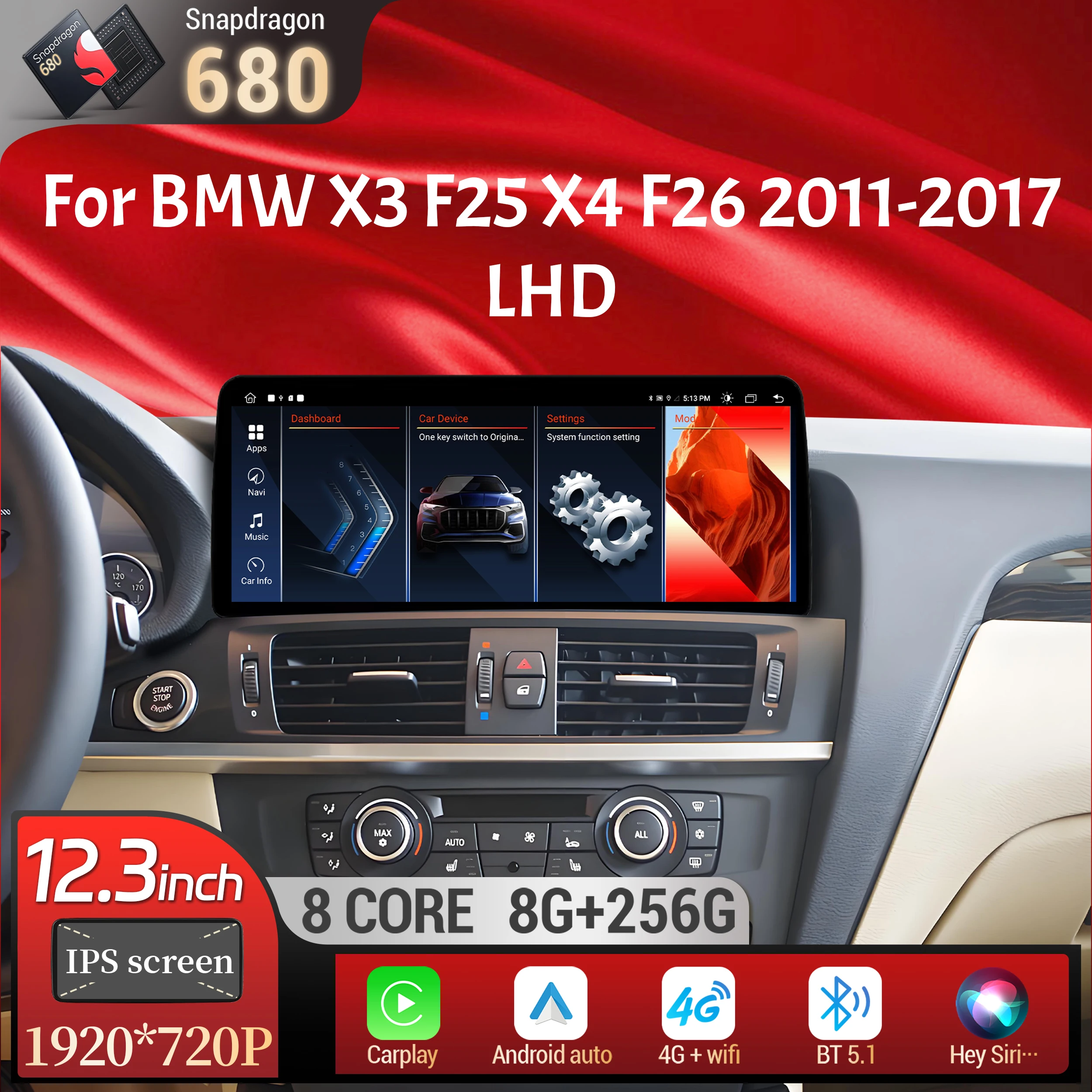 12,3-дюймовый левый руль Android 13 для BMW X3 F25 X4 F26 2011-2017, автомобильный радиоприемник, беспроводной BT Carplay Snapdragon 680, сенсорный экран