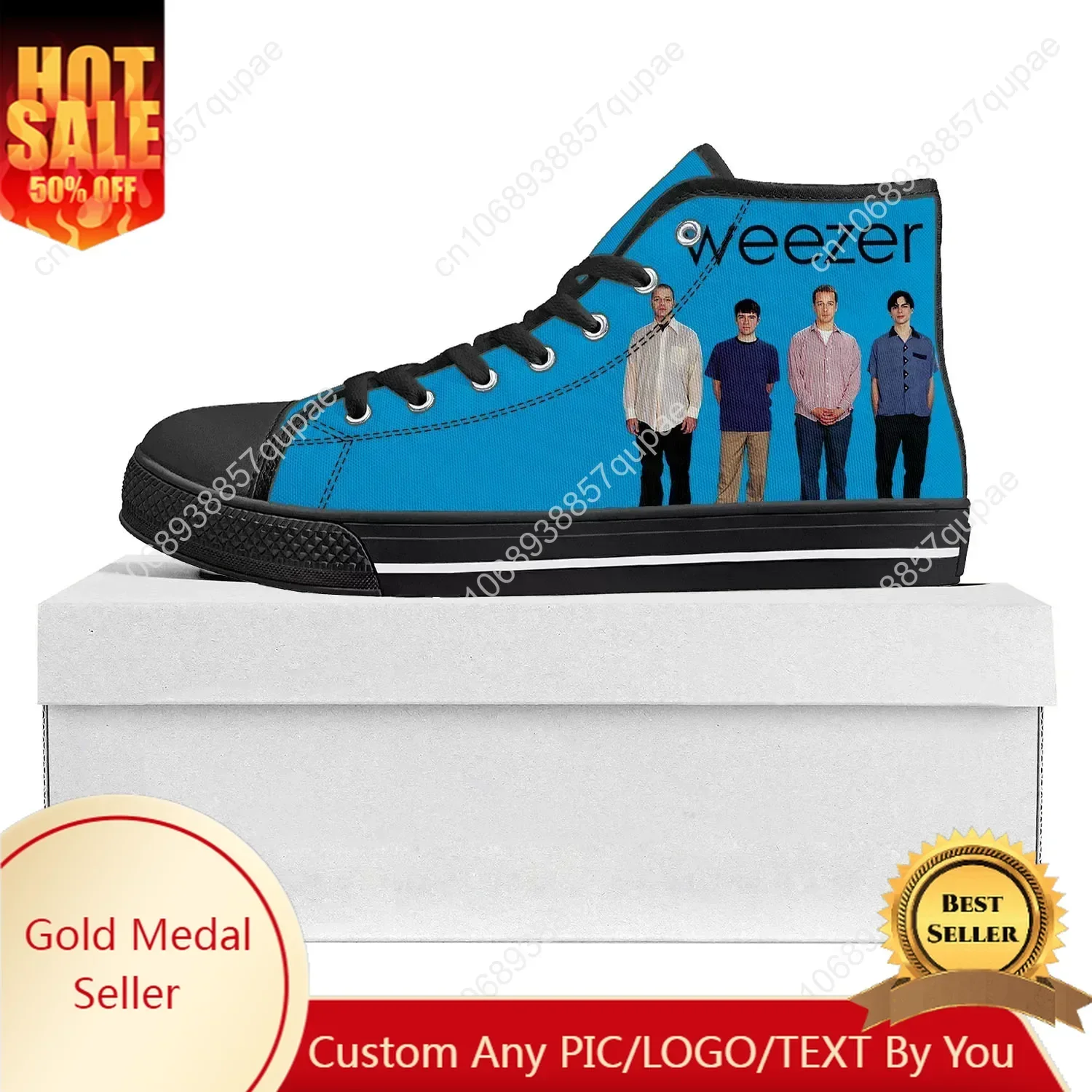 Weezer Pop Rock Band Высокие кроссовки высокого качества Мужские женские подростковые парусиновые кроссовки Повседневная обувь для пар Обувь на заказ Черная