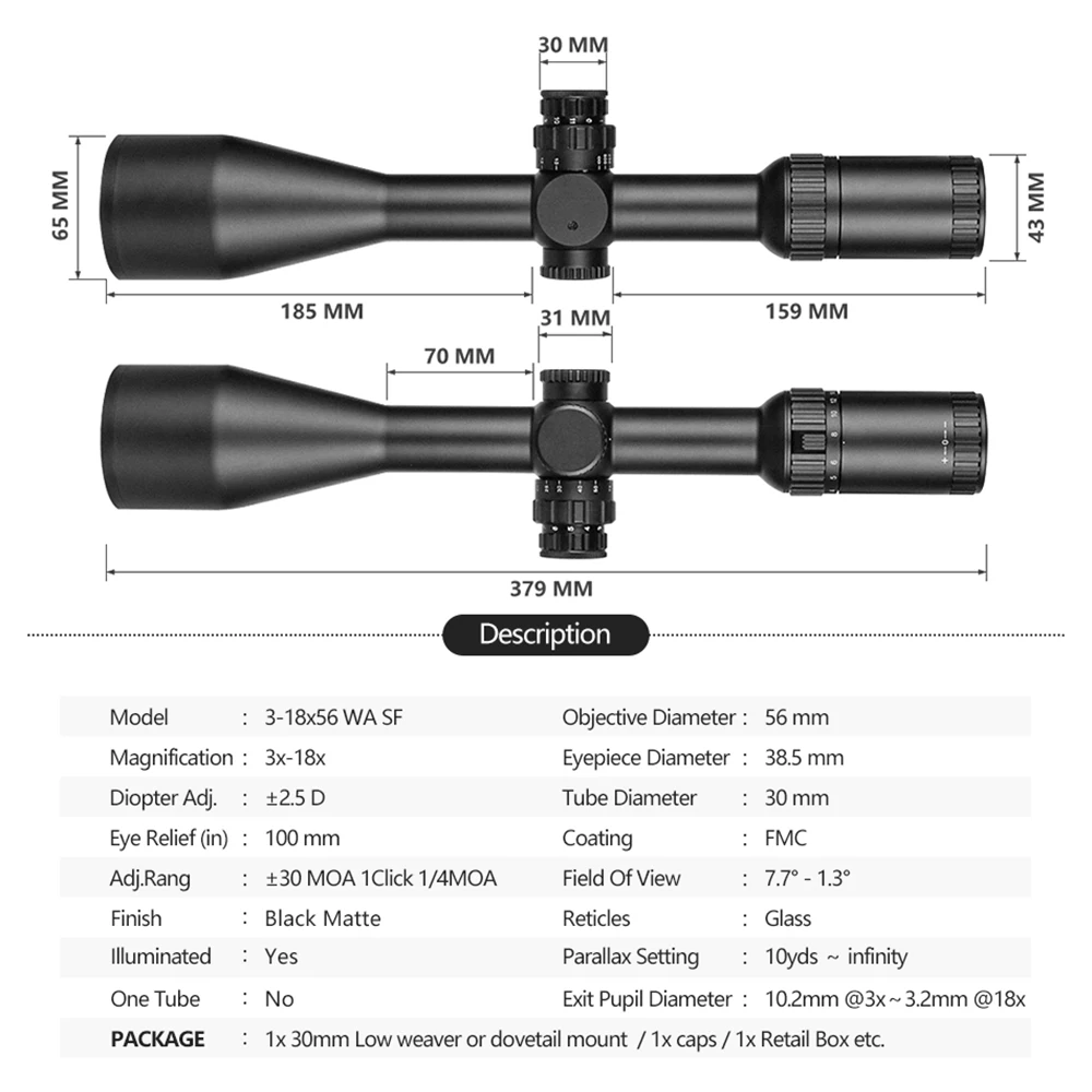 Фото Тактические прицелы SPINA OPTICS 3-18X56 SF, прицел для охотничьей винтовки с длинным глазом 100 мм и креплением для AR15 R & G с подсветкой №4