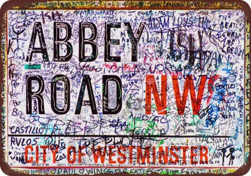 1p, металевая вывеска Abbey Road с дефектом в винтажном стиле