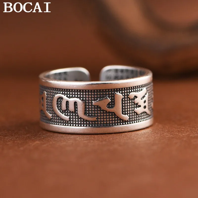 BOCAI NEW S999 Sterling Silver Vintage Personality Six Character Mantra Poro Paramita Heart Sutra Open Ring