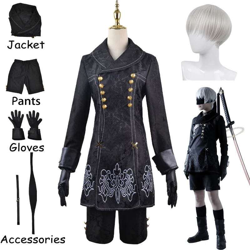 Фото Костюм для косплея из аниме НИС: Automata Cosplay 9S, косплей хлопчатобумажная форма 9 типа S, пиджак, брюки, одежда для глаз, перчатки, парик, костюм на Хэллоуин №1