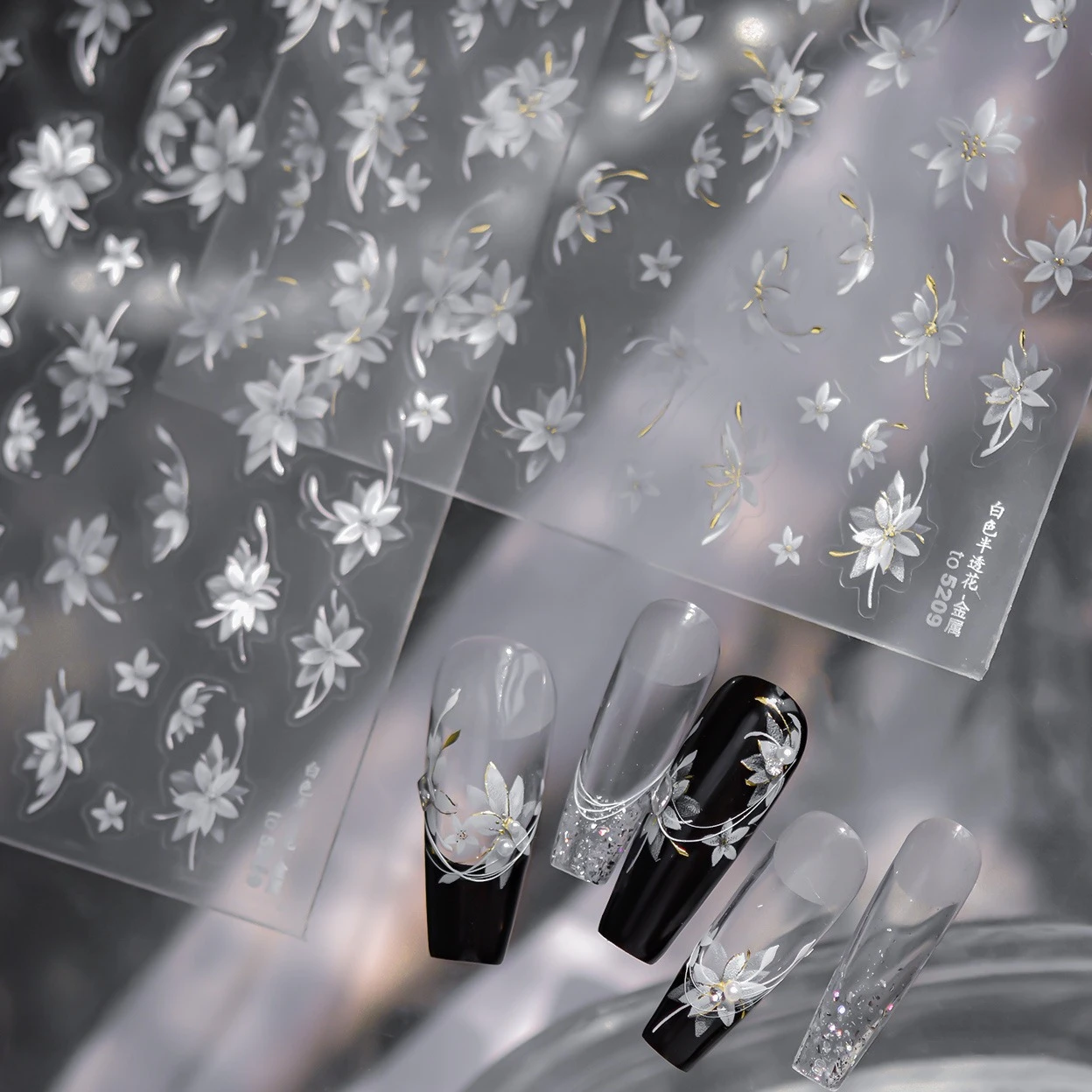 Фото Translucent Flower Ink Wash Style Hand Painted Flowers White Black Grey Petal Garden Adhesive Nail Art Stickers Manicure Decals №4