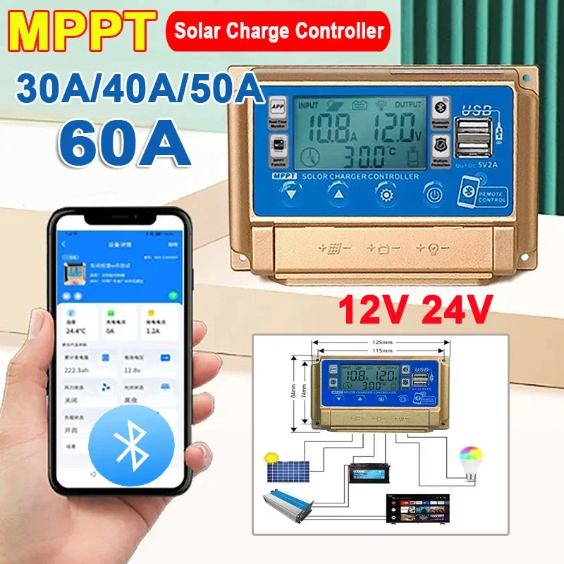 Контроллер заряда солнечной батареи MPPT 30 А, 12 В, 24 В, ЖК-дисплей высокого разрешения, цифровой экран, Bluetooth контроллер солнечной батареи, регулятор 50 А, 60 А