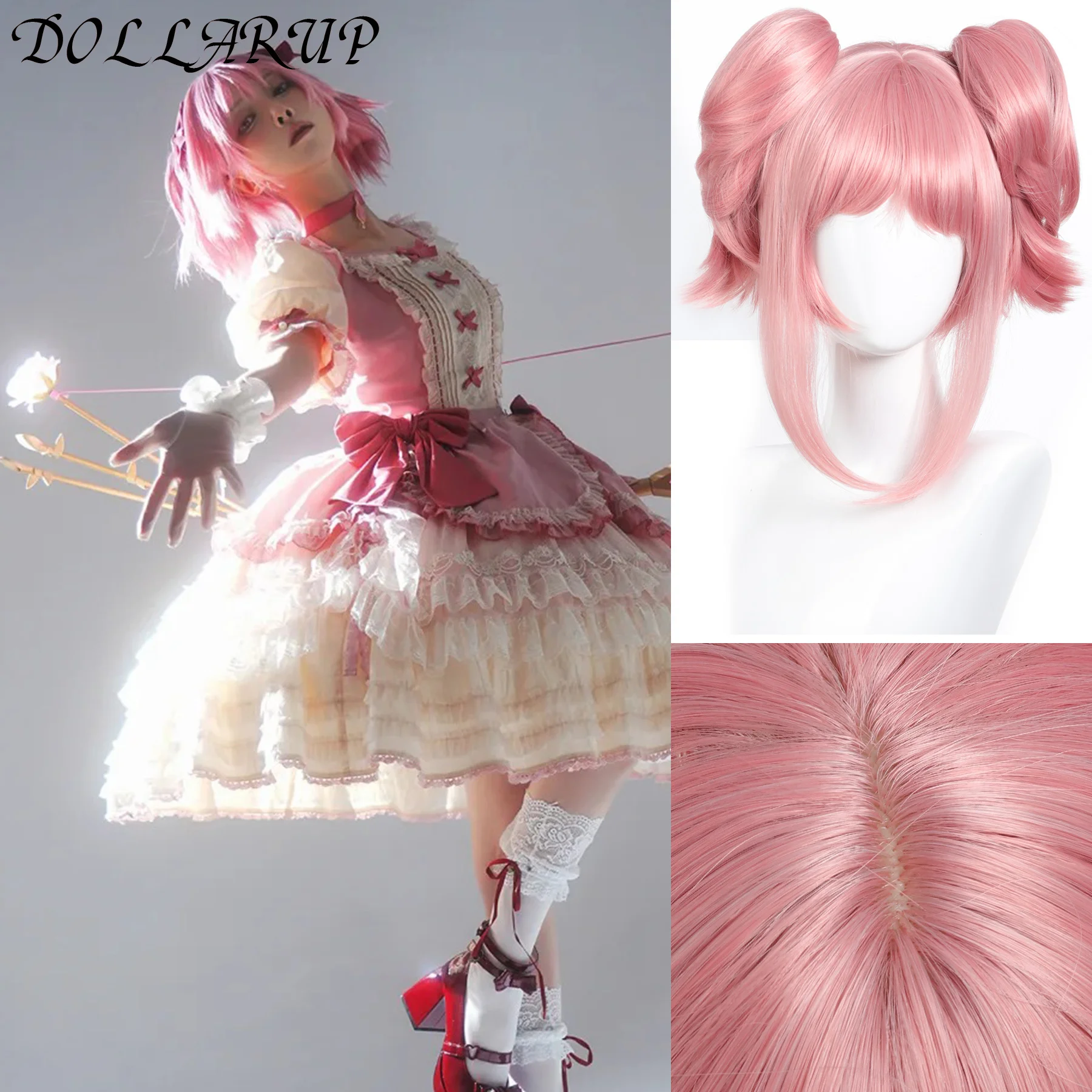 DOLLARUP Puella Magi Madoka Magica Kaname Косплей Парик Розовый Pendek 2 Klip Ekor Kuda Синтетический парик Tahan Panas Синтетический парик