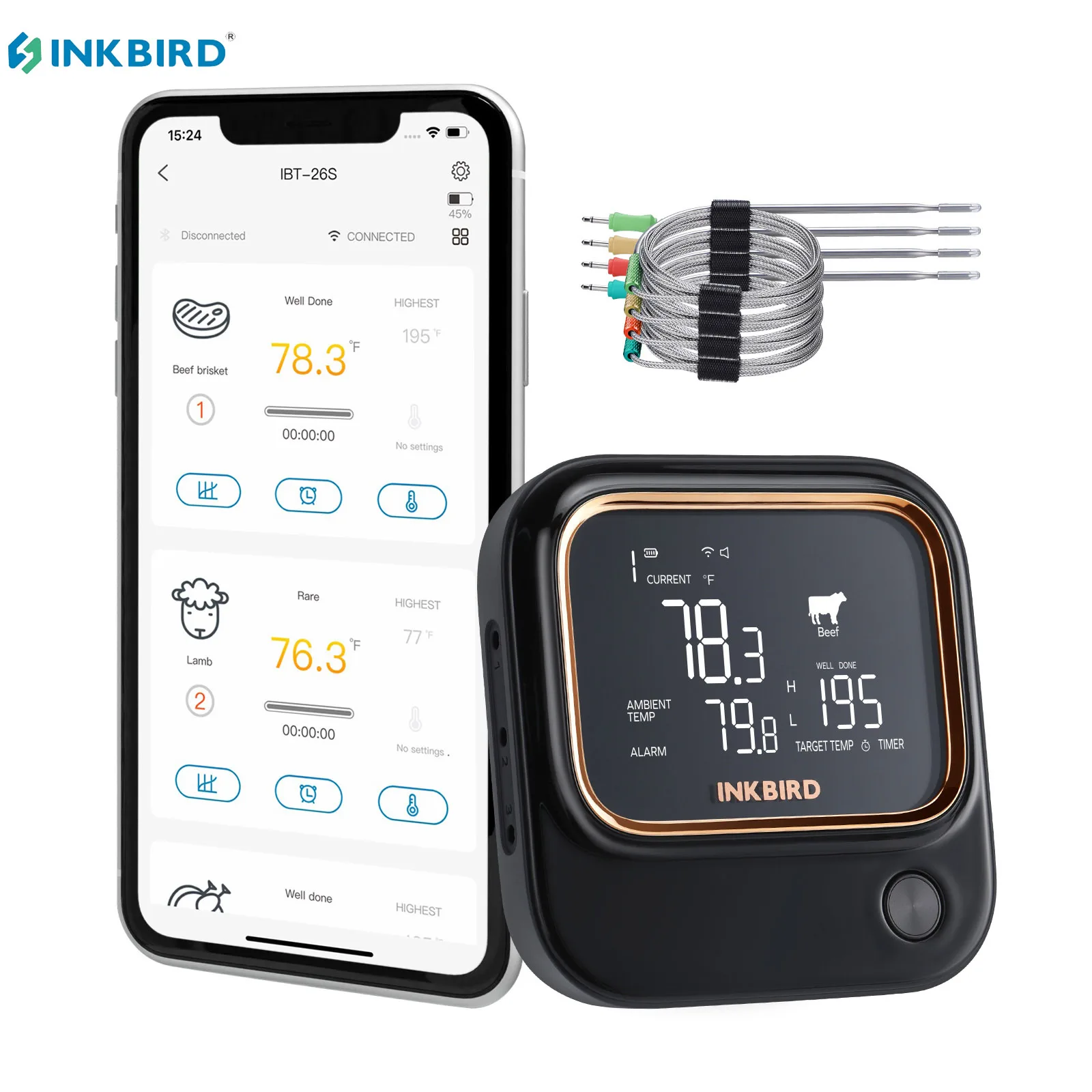 Беспроводной термометр INKBIRD для мяса, цифровой кухонный пищевой термометр с 4 щупами, Wi-Fi, для гриля, барбекю, кухни, для домашнего приготовления пищи