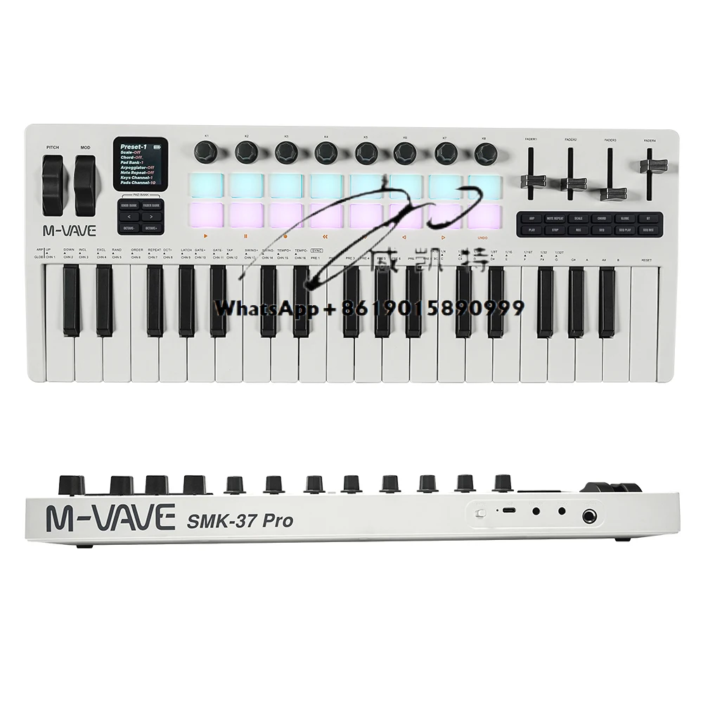 Фото Мини-MIDI-клавиатура SMK-37 PRO, 37 скоростных чувствительных клавиш, поддержка беспроводной связи с 16 барабанными колодками RGB, консоль управления №2