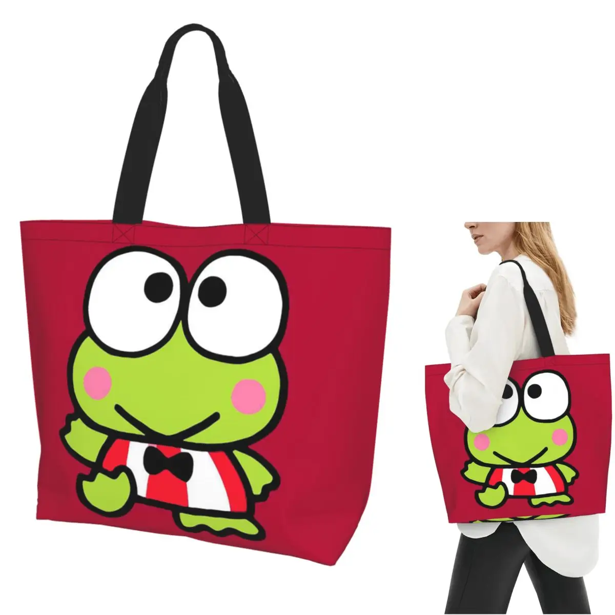 Keroppi Big-eyed Frog Cartoo Сумка-тоут для покупок Холщовая сумка на плечо большой вместимости Сумка-шоппер для продуктов для женщин
