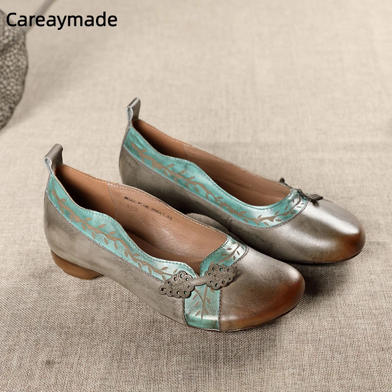 Careaymade-женские туфли на низком каблуке из натуральной кожи, новые женские туфли в стиле ретро с круглым носком, большие размеры, туфли из воловьей кожи с неглубоким носком